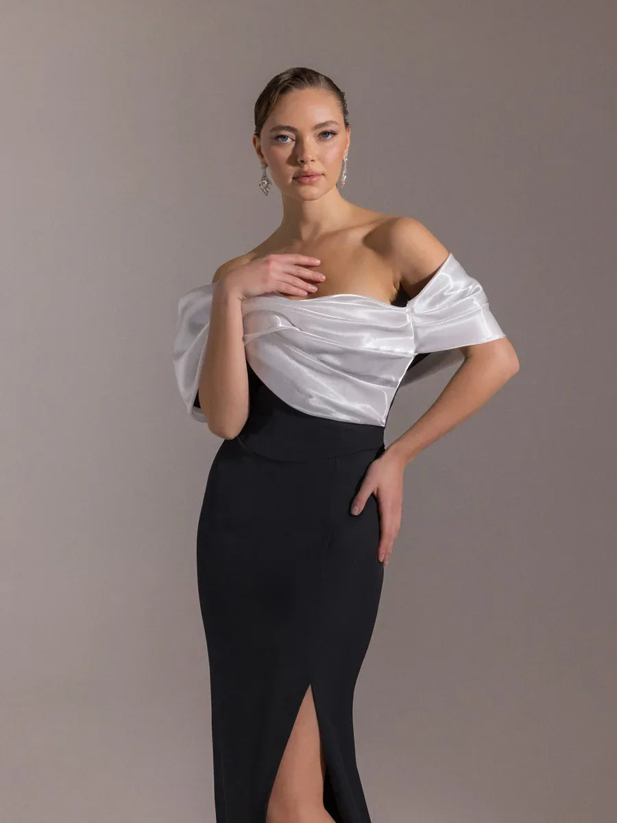 25090-Yoğun Degajeli Straplez Balık Abiye Elbise - Kenzel