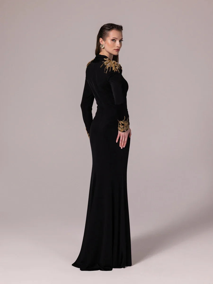 25098-Gold İşleme Detaylı Drapeli Abiye Elbise - Kenzel