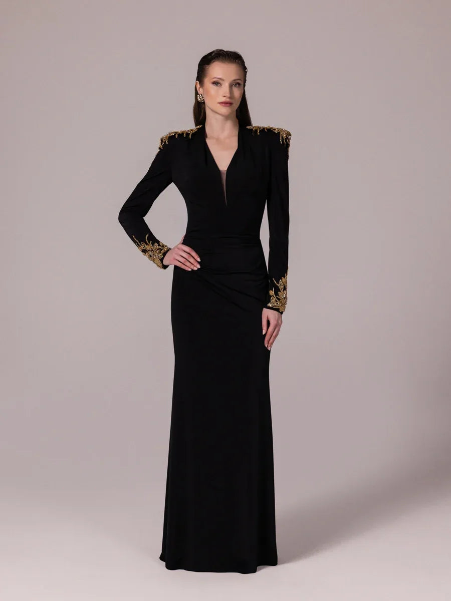 25098-Gold İşleme Detaylı Drapeli Abiye Elbise - Kenzel