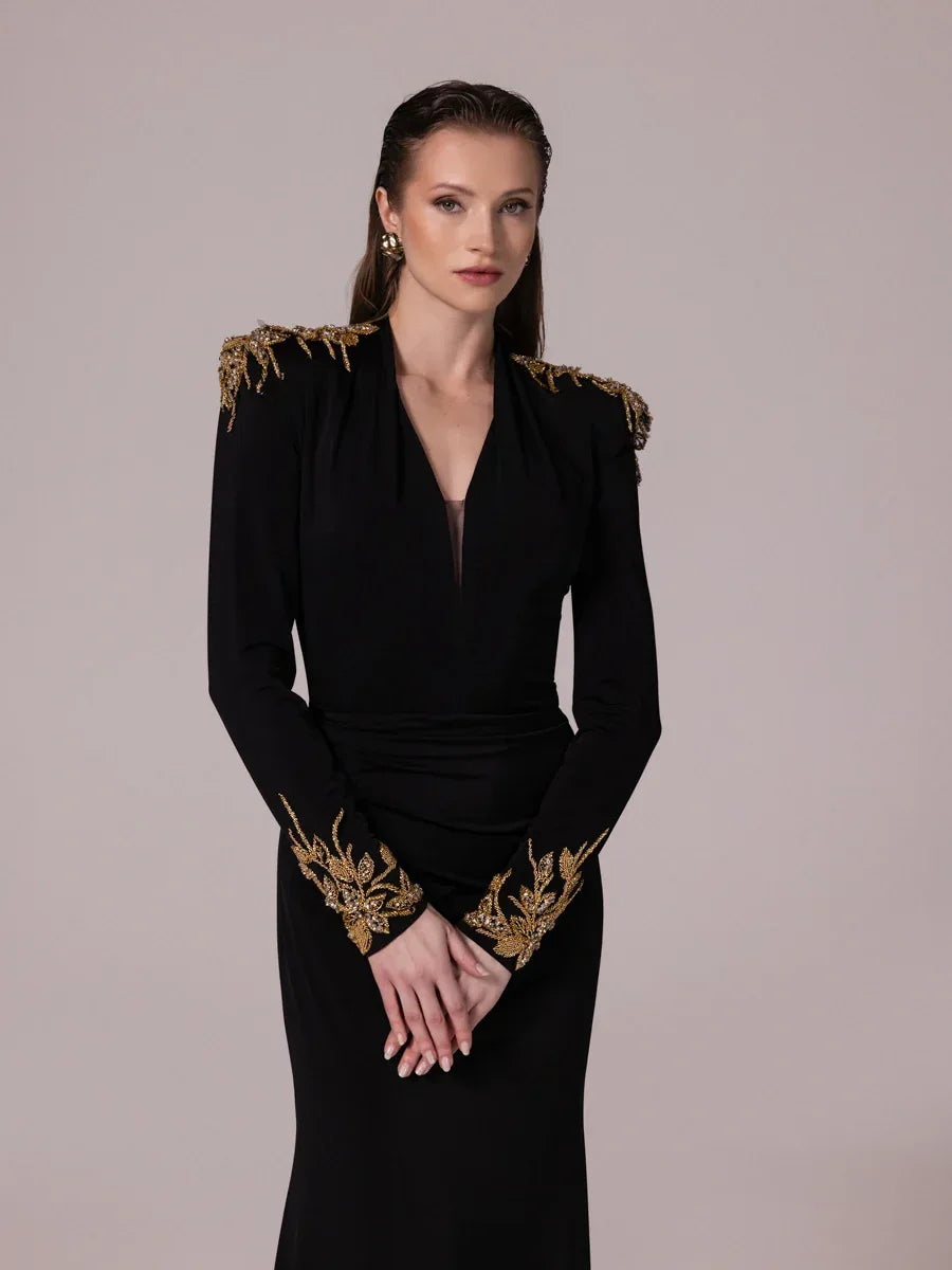 25098-Gold İşleme Detaylı Drapeli Abiye Elbise - Kenzel