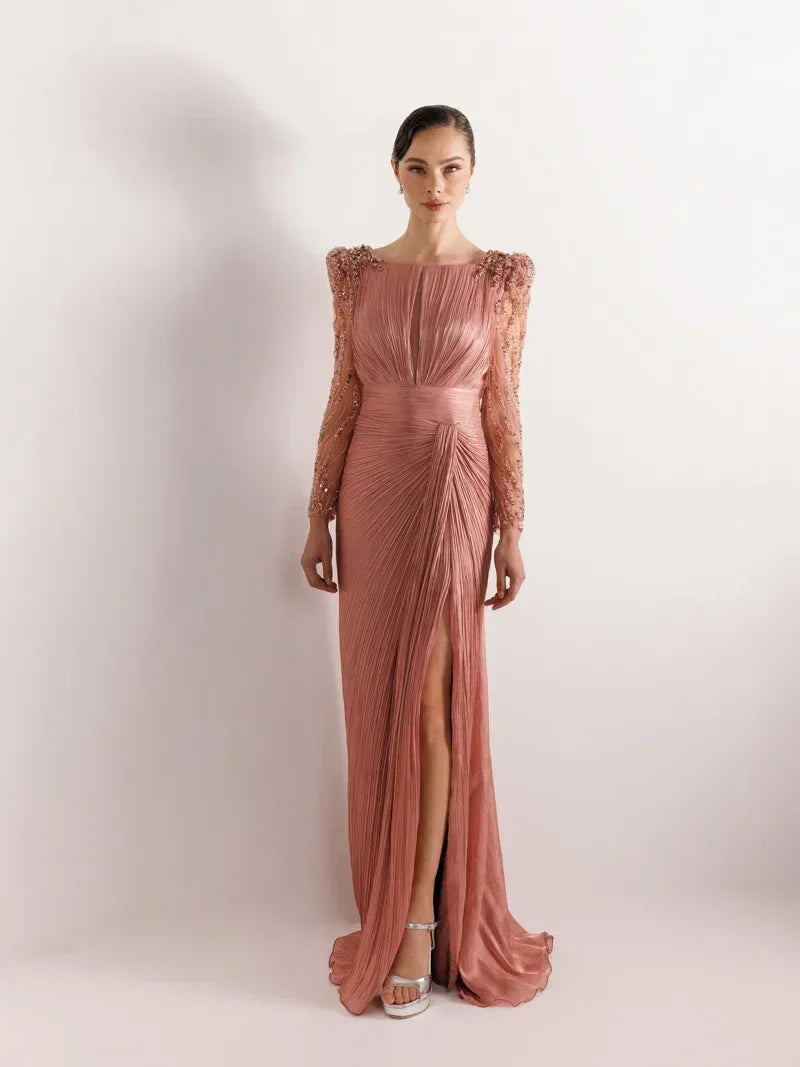 25099-Kolları İşlemeli Pliseli Abiye Elbise - Kenzel