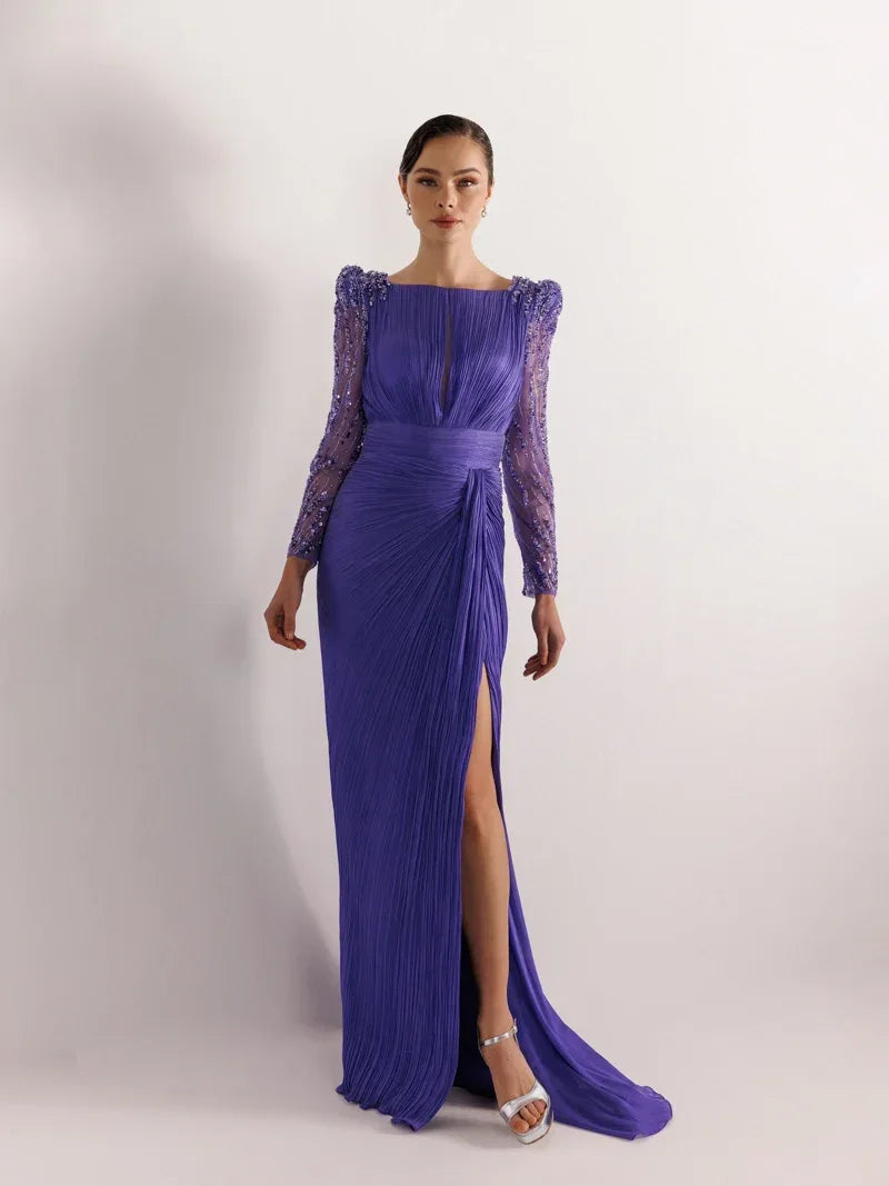 25099-Kolları İşlemeli Pliseli Abiye Elbise - Kenzel