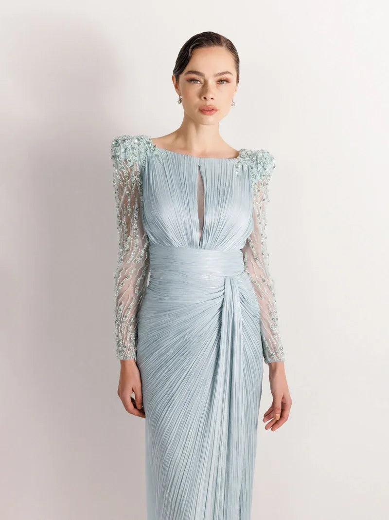 25099-Kolları İşlemeli Pliseli Abiye Elbise - Kenzel