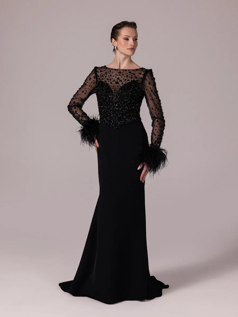 25101-Üst Komple Taş Detaylı Balık Abiye Elbise - Kenzel