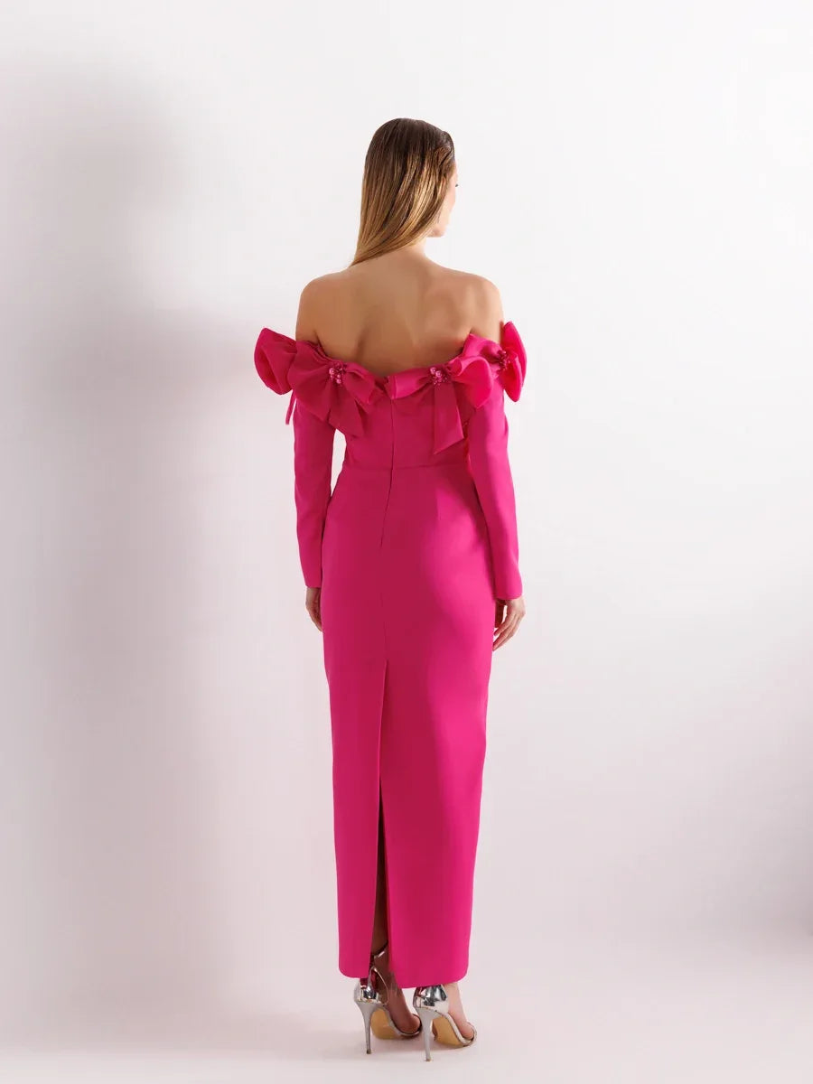 25103-Straplez Kollu Arka Yırtmaçlı Bilek Boy Abiye Elbise - Kenzel