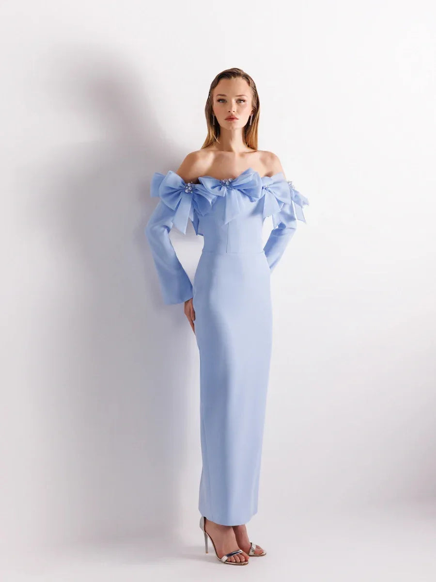 25103-Straplez Kollu Arka Yırtmaçlı Bilek Boy Abiye Elbise - Kenzel