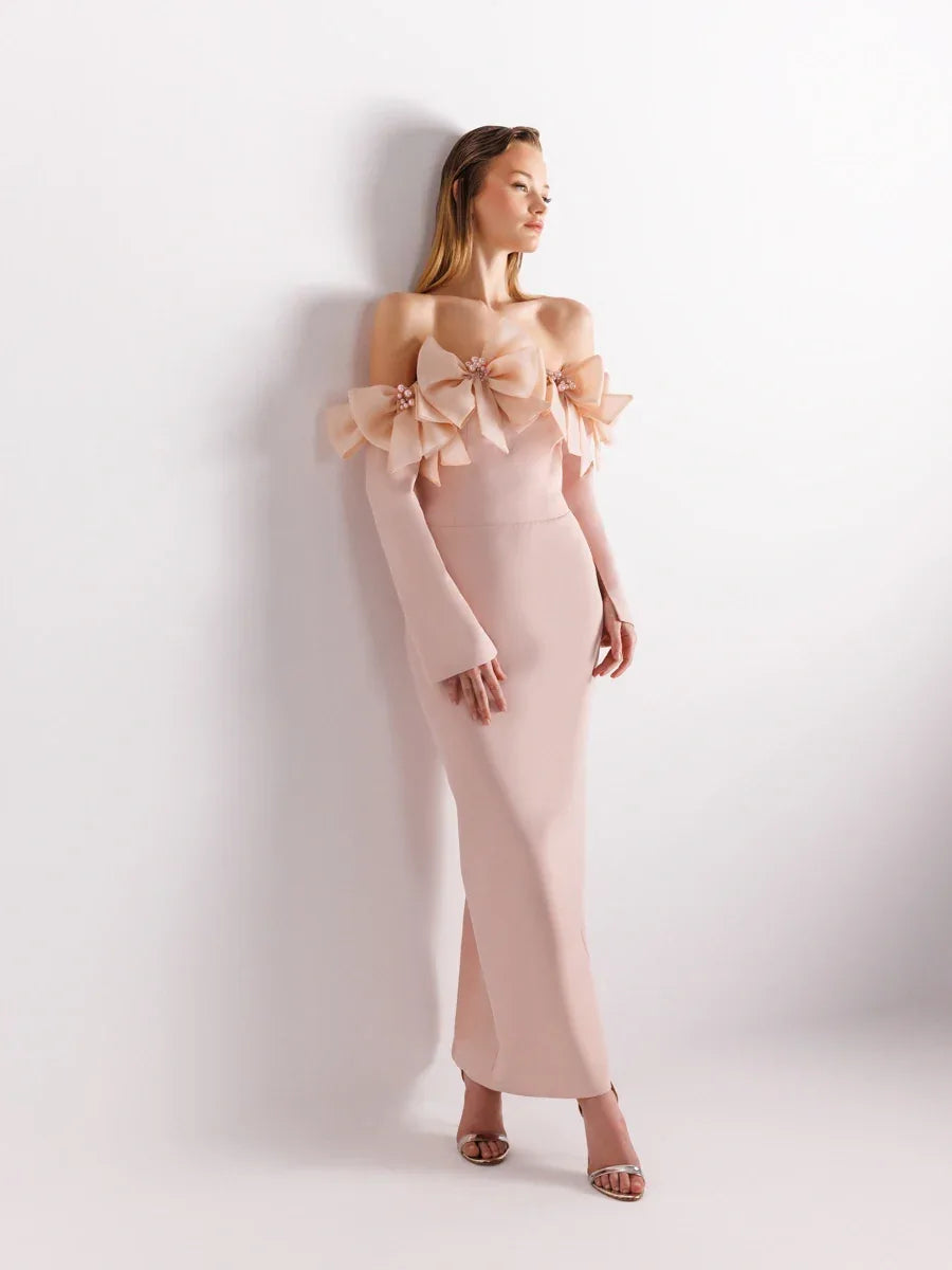 25103-Straplez Kollu Arka Yırtmaçlı Bilek Boy Abiye Elbise - Kenzel