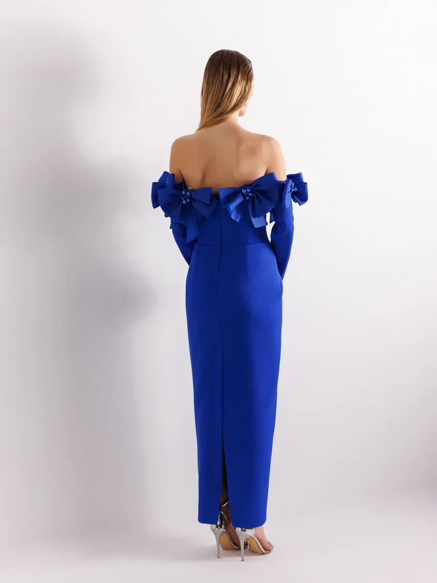 25103-Straplez Kollu Arka Yırtmaçlı Bilek Boy Abiye Elbise - Kenzel