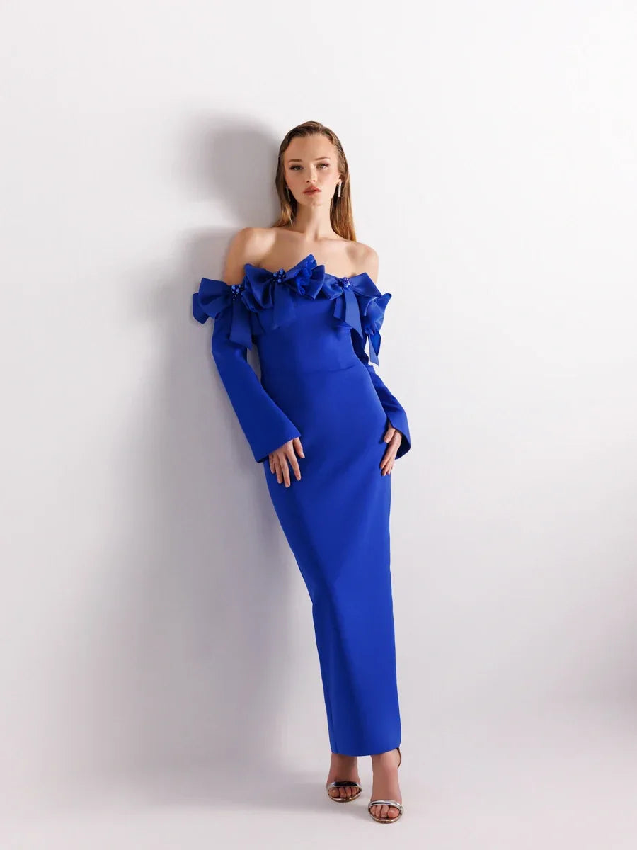 25103-Straplez Kollu Arka Yırtmaçlı Bilek Boy Abiye Elbise - Kenzel