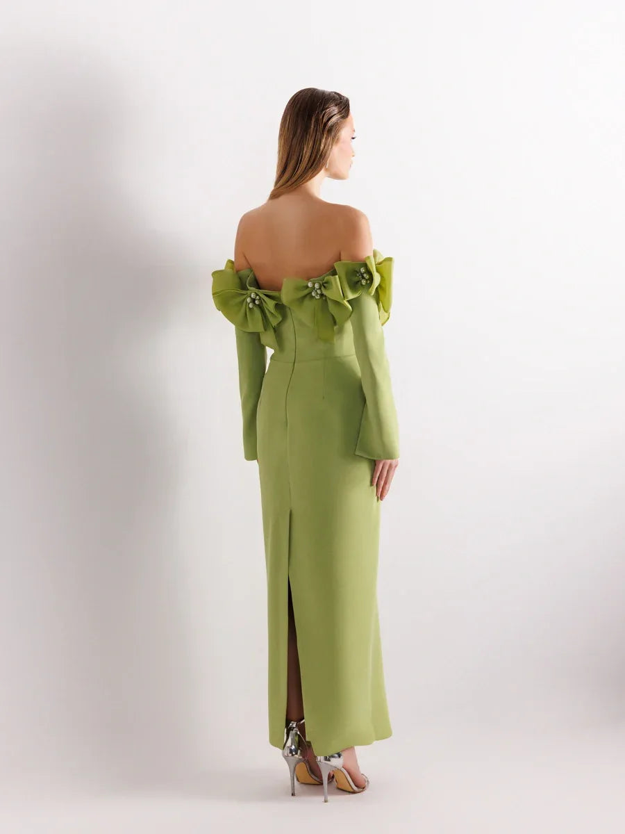 25103-Straplez Kollu Arka Yırtmaçlı Bilek Boy Abiye Elbise - Kenzel