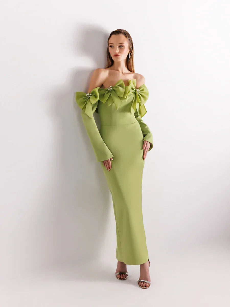 25103-Straplez Kollu Arka Yırtmaçlı Bilek Boy Abiye Elbise - Kenzel