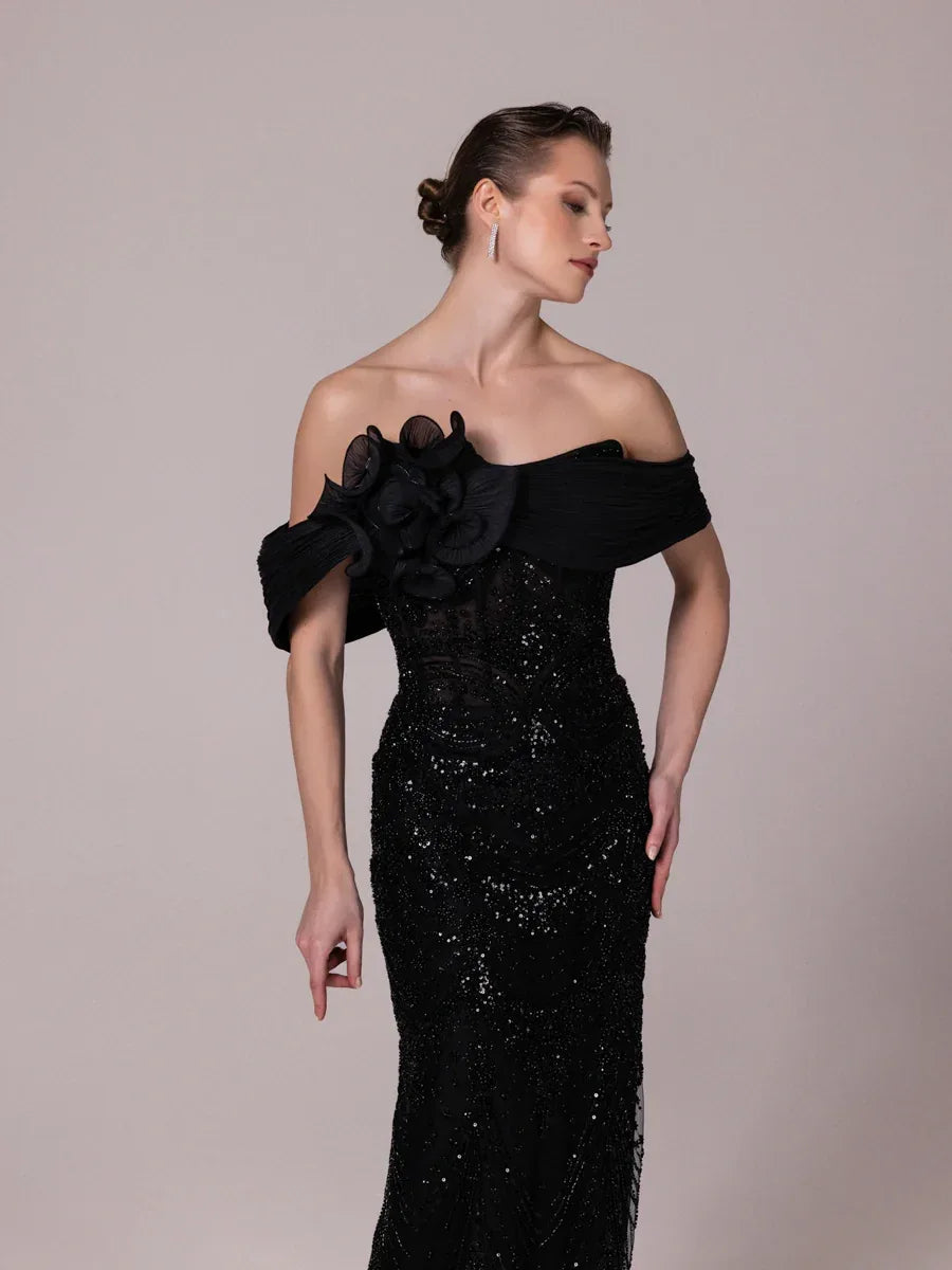 25106-Yakası Piliseli ve Çiçek Detaylı Balık Elbise - Kenzel