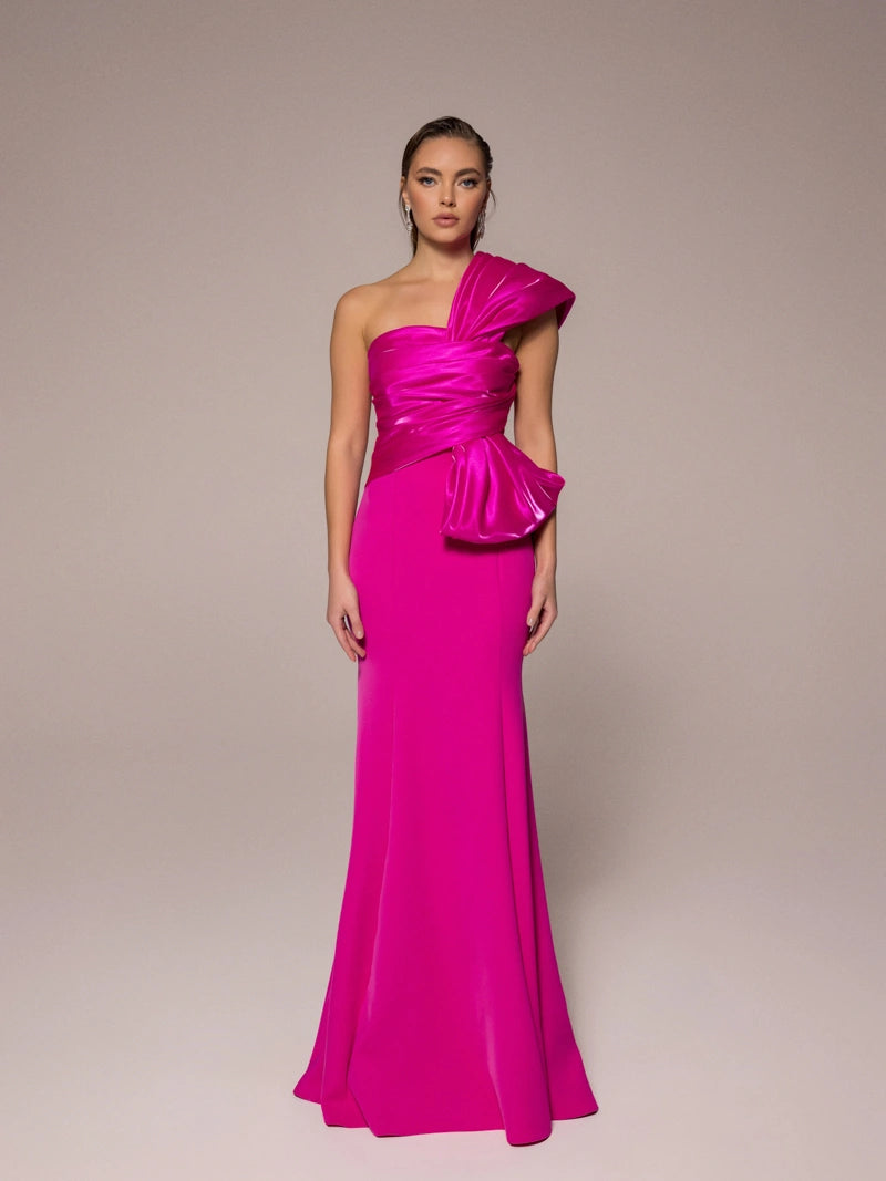 25107-Tek Omuz, Drapeli Balık Elbise