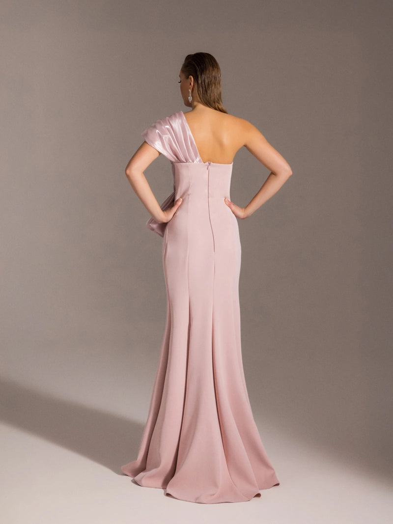 25107-Tek Omuz, Drapeli Balık Elbise