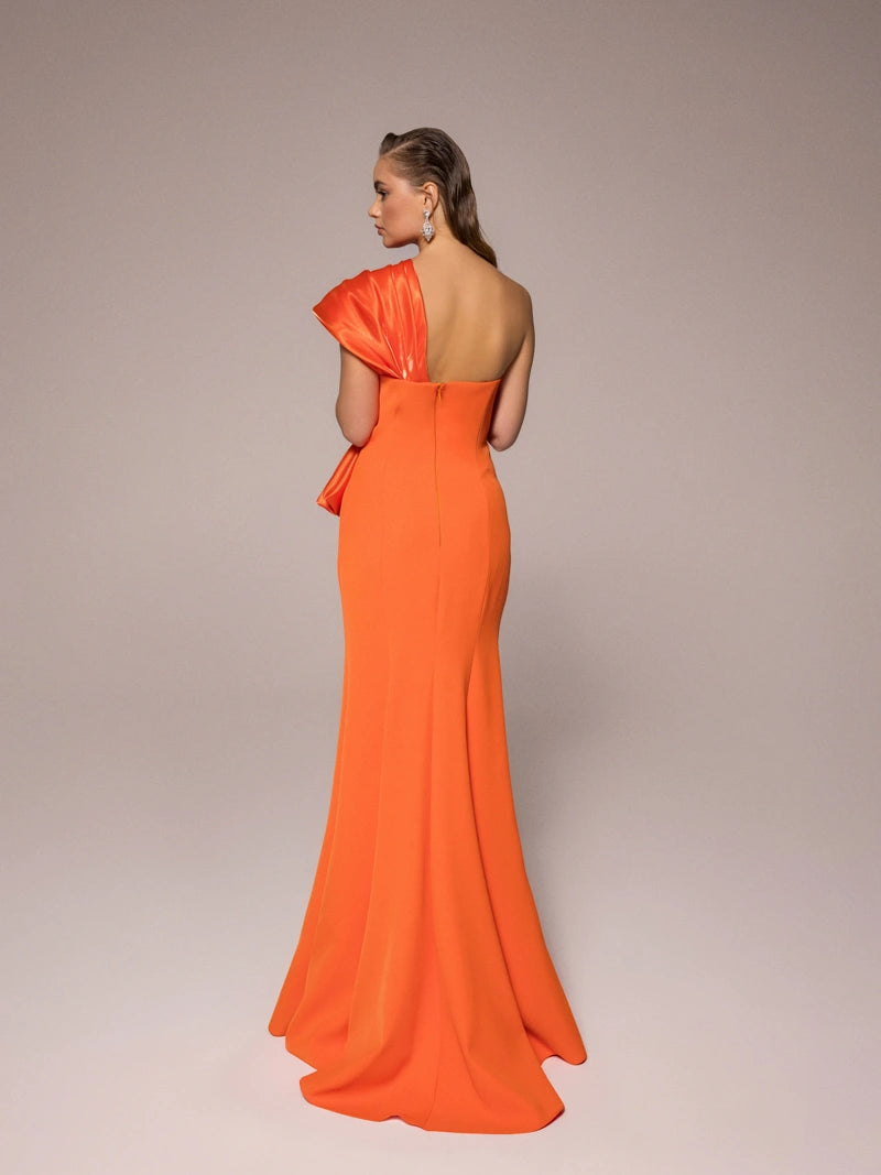 25107-Tek Omuz, Drapeli Balık Elbise