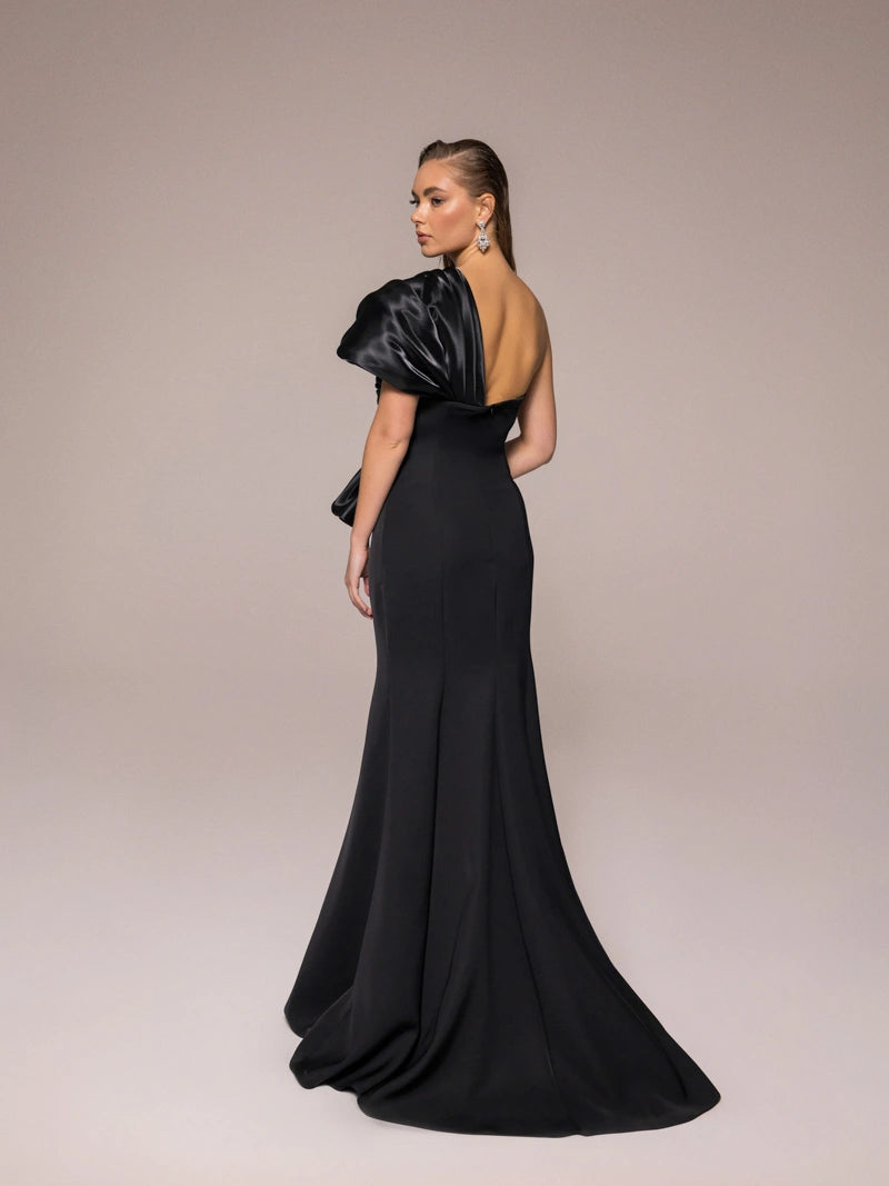 25107-Tek Omuz, Drapeli Balık Elbise