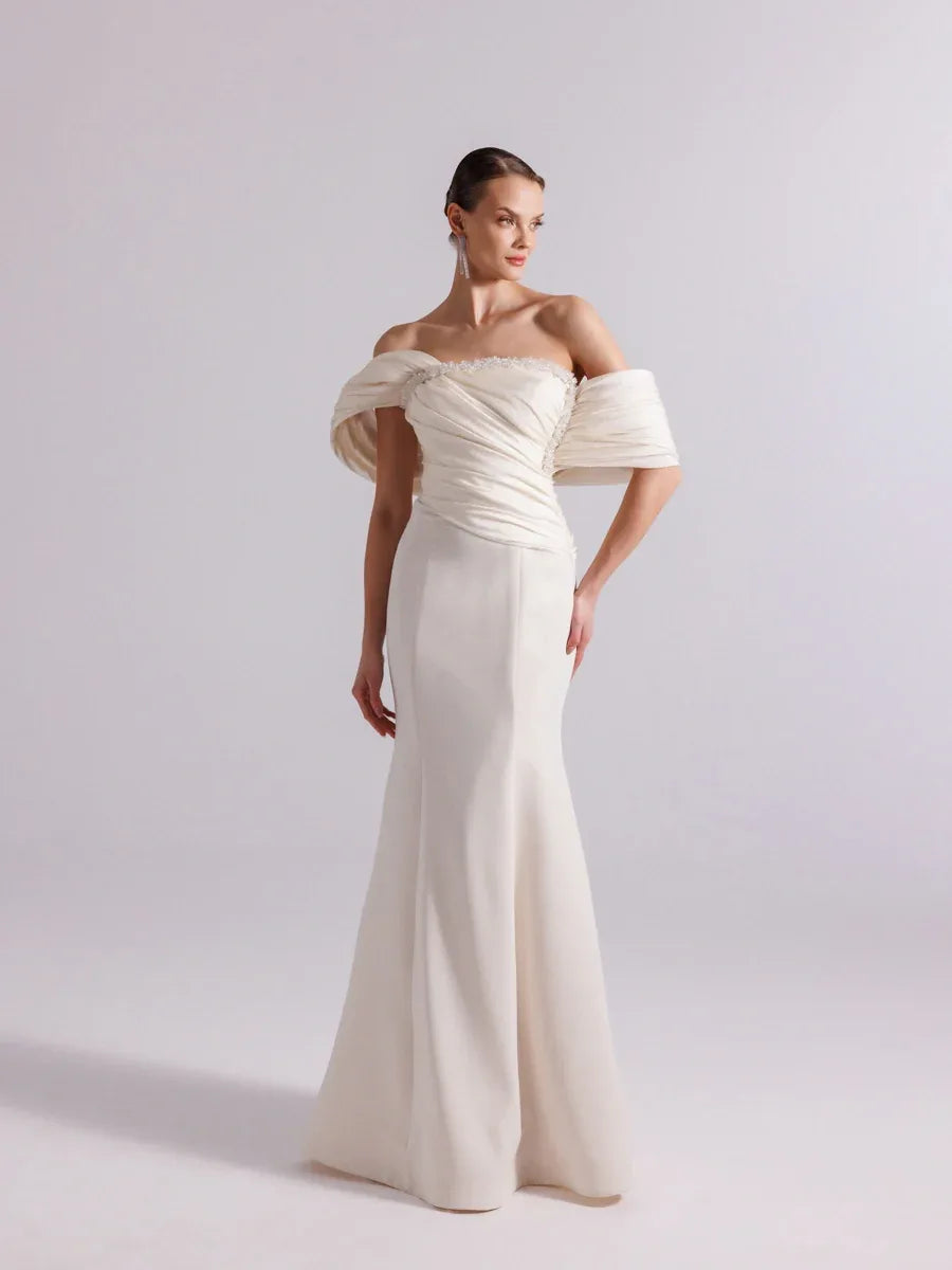 25108-Göğüs İşlemeli Drapeli Şal kol Balık Abiye Elbise - Kenzel