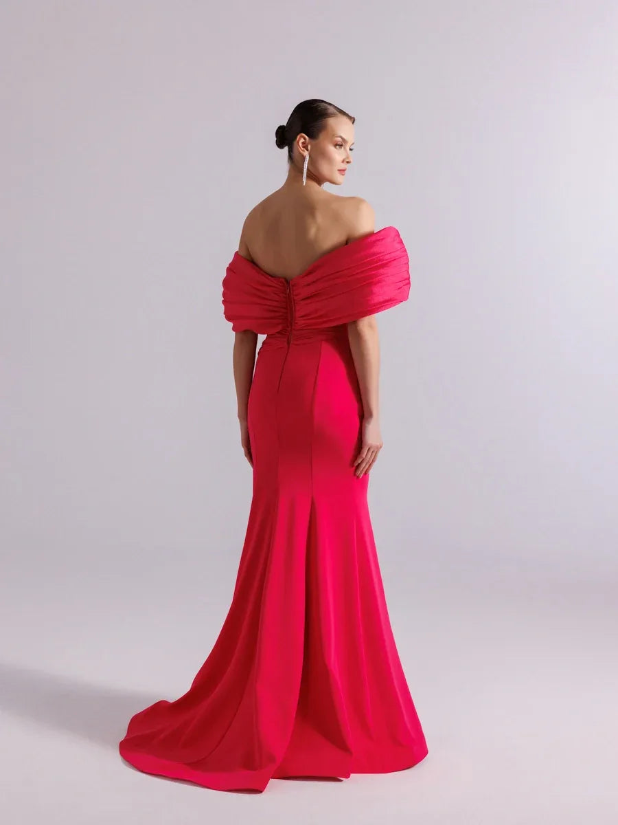 25108-Göğüs İşlemeli Drapeli Şal kol Balık Abiye Elbise - Kenzel