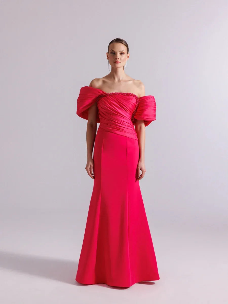 25108-Göğüs İşlemeli Drapeli Şal kol Balık Abiye Elbise - Kenzel