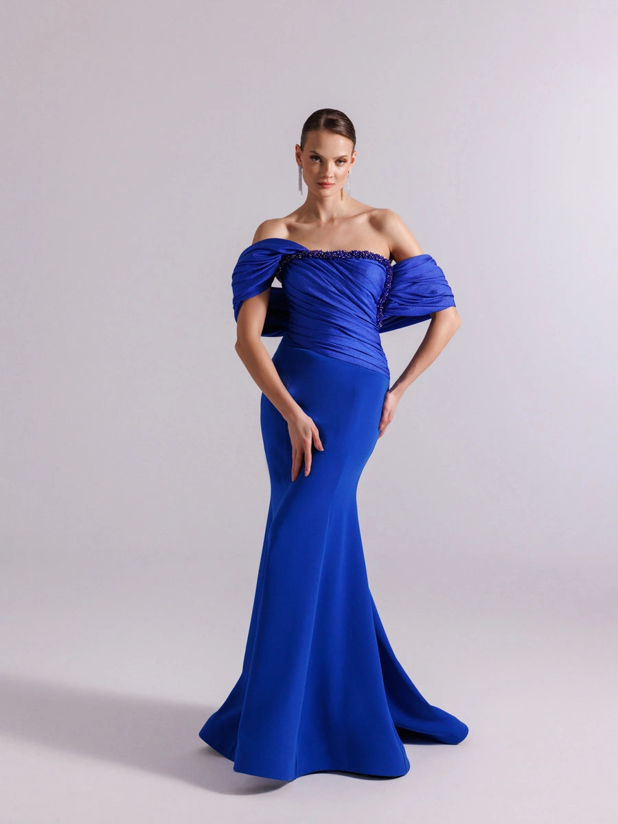 25108-Göğüs İşlemeli Drapeli Şal kol Balık Abiye Elbise