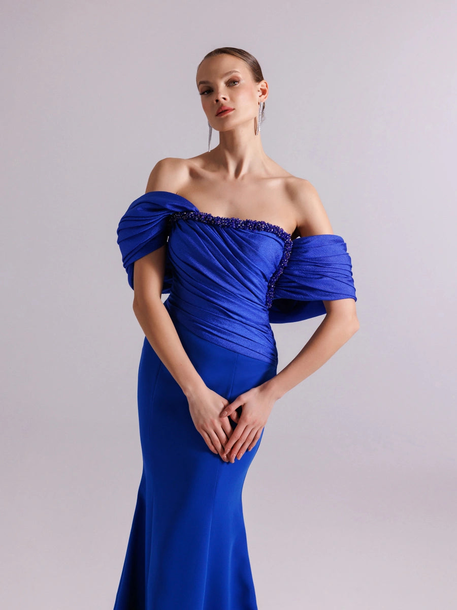 25108-Göğüs İşlemeli Drapeli Şal kol Balık Abiye Elbise