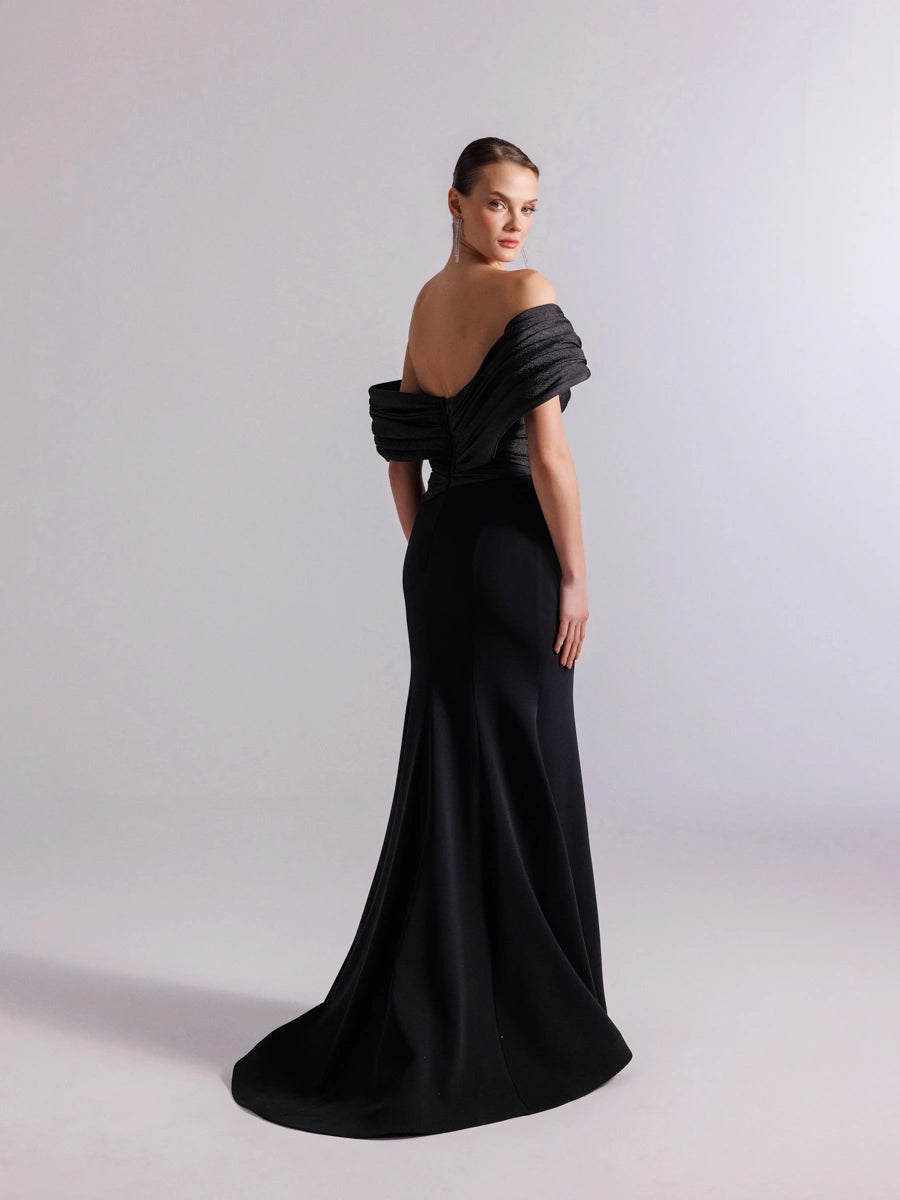 25108-Göğüs İşlemeli Drapeli Şal kol Balık Abiye Elbise