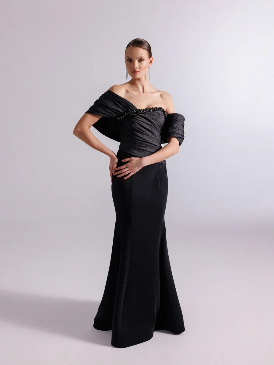 25108-Göğüs İşlemeli Drapeli Şal kol Balık Abiye Elbise - Kenzel