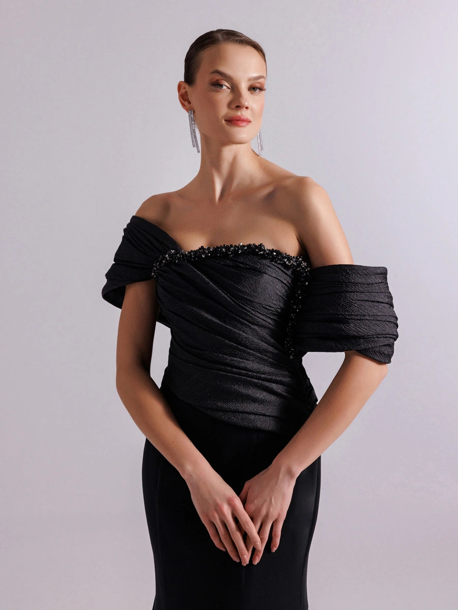 25108-Göğüs İşlemeli Drapeli Şal kol Balık Abiye Elbise