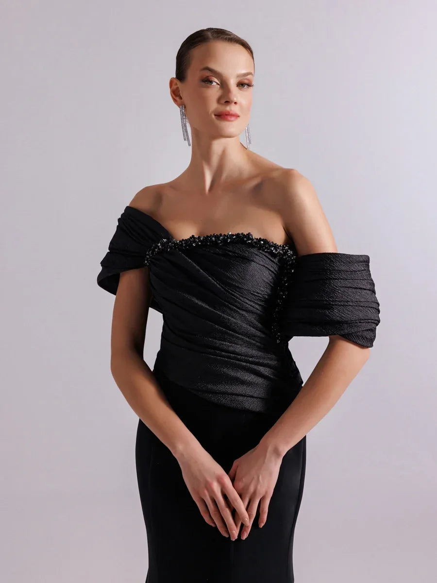 25108-Göğüs İşlemeli Drapeli Şal kol Balık Abiye Elbise - Kenzel