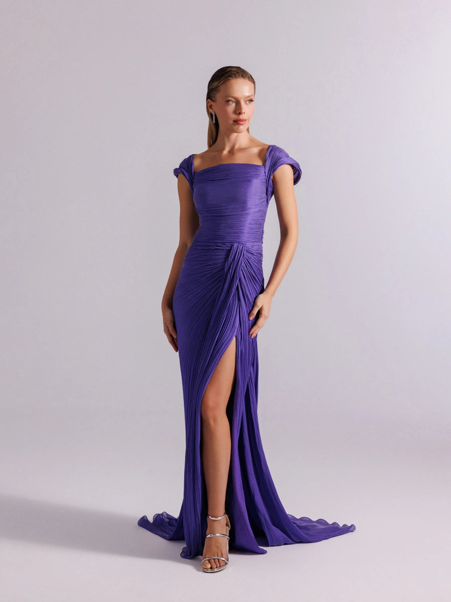 25113-Omuz Detaylı Pliseli Uzun Abiye Elbise