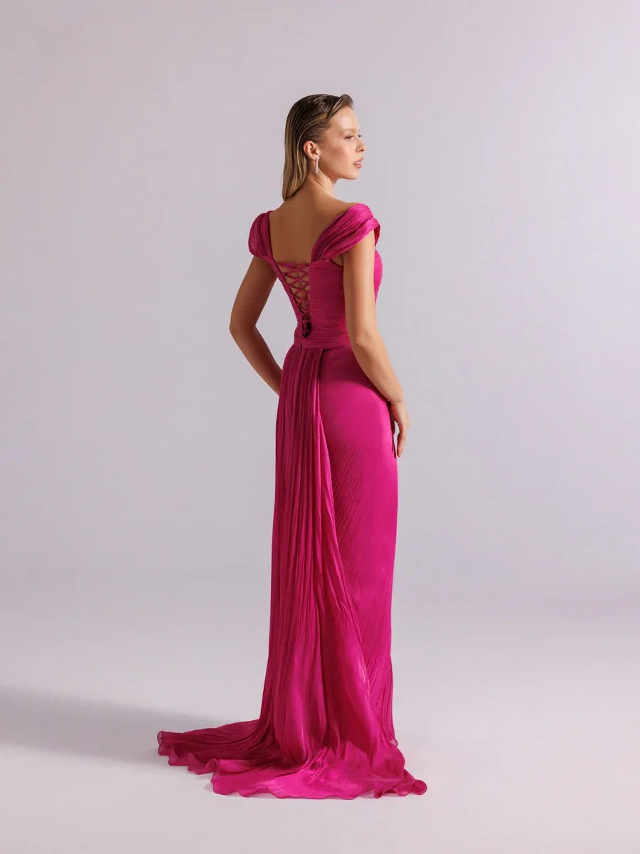 25113-Omuz Detaylı Pliseli Uzun Abiye Elbise - Kenzel