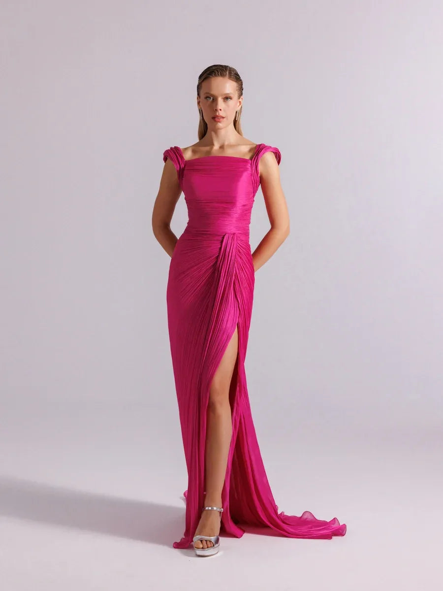 25113-Omuz Detaylı Pliseli Uzun Abiye Elbise - Kenzel