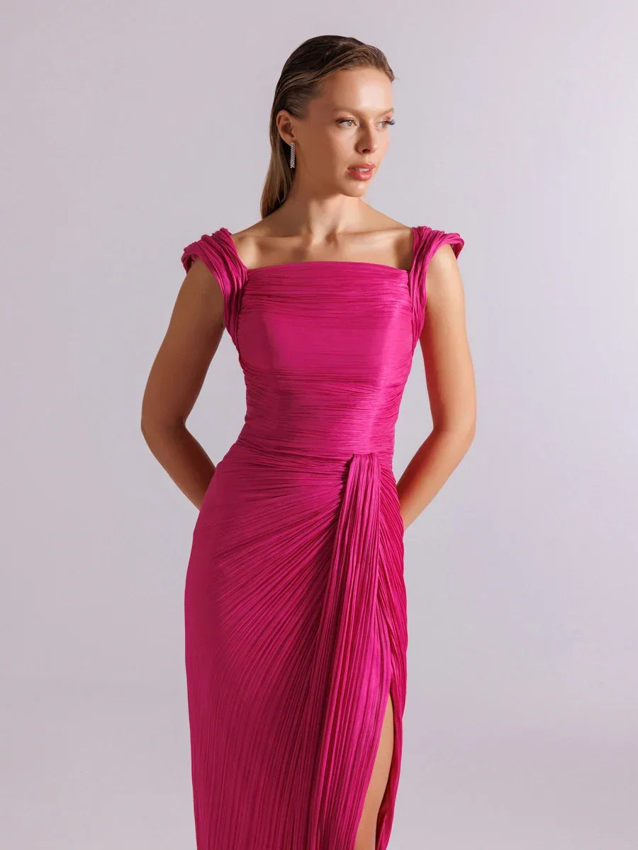 25113-Omuz Detaylı Pliseli Uzun Abiye Elbise - Kenzel