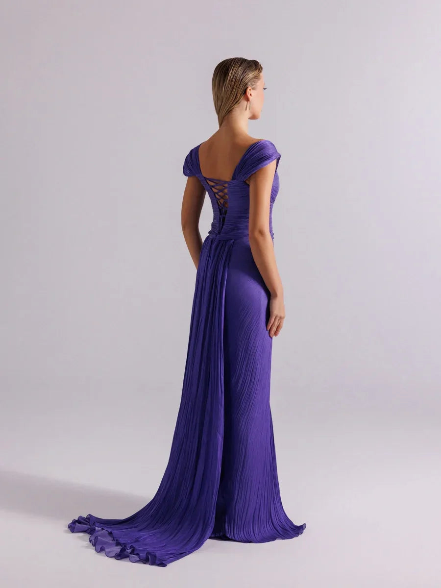 25113-Omuz Detaylı Pliseli Uzun Abiye Elbise - Kenzel