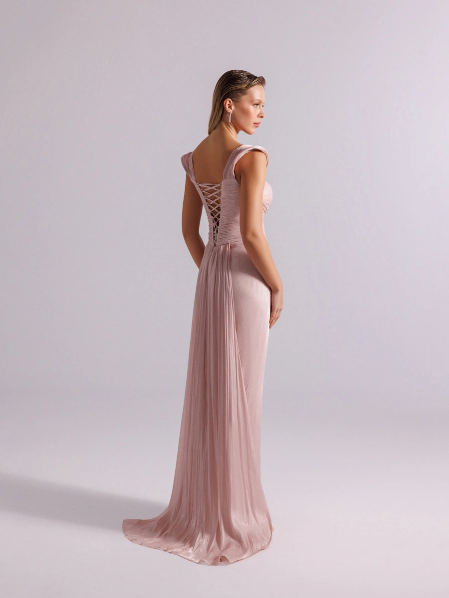 25113-Omuz Detaylı Pliseli Uzun Abiye Elbise