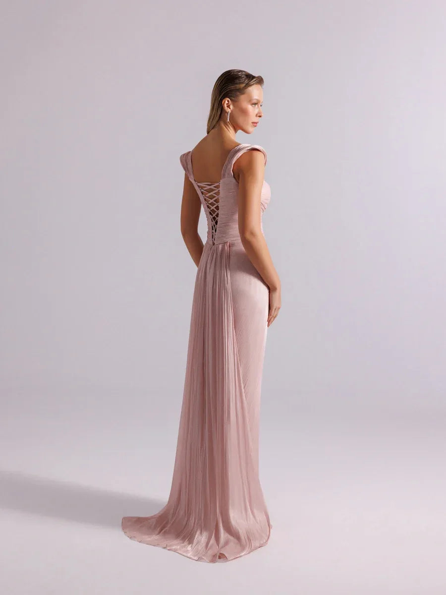 25113-Omuz Detaylı Pliseli Uzun Abiye Elbise - Kenzel