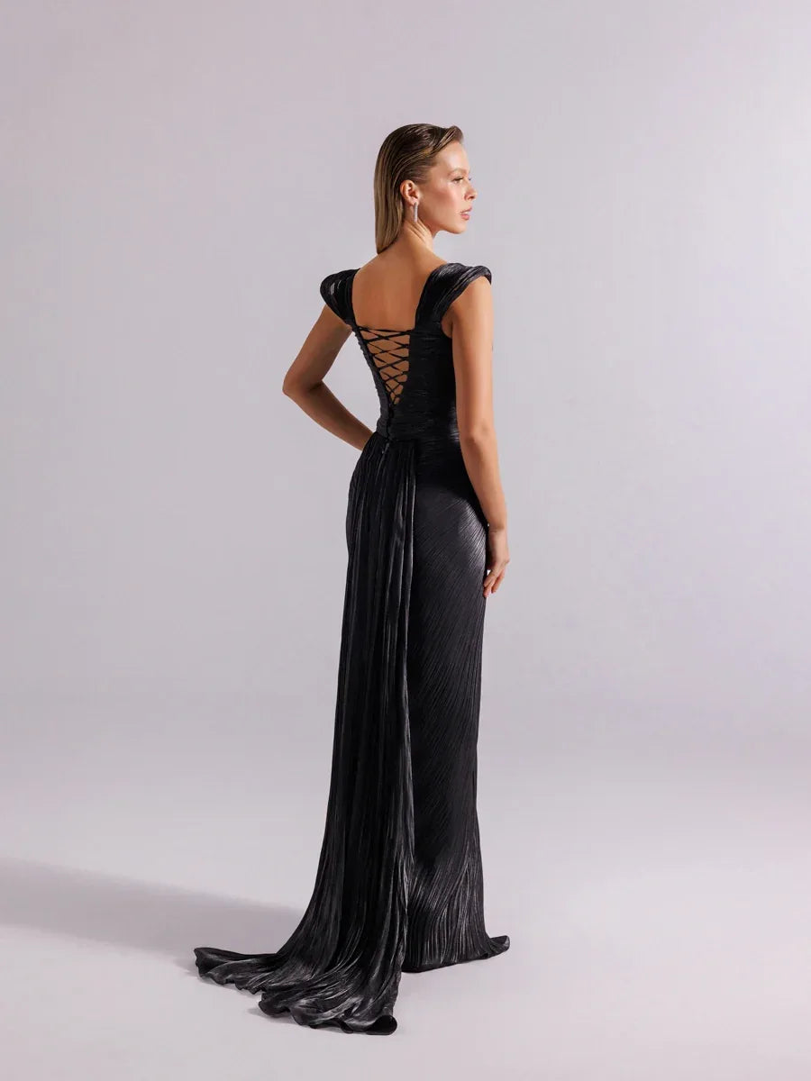 25113-Omuz Detaylı Pliseli Uzun Abiye Elbise - Kenzel