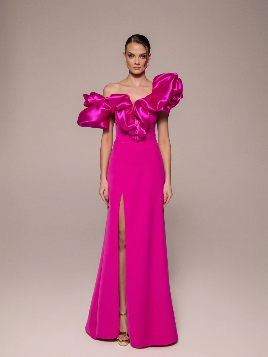 25114-Drapeli Yırtmaçlı Balık Abiye Elbise