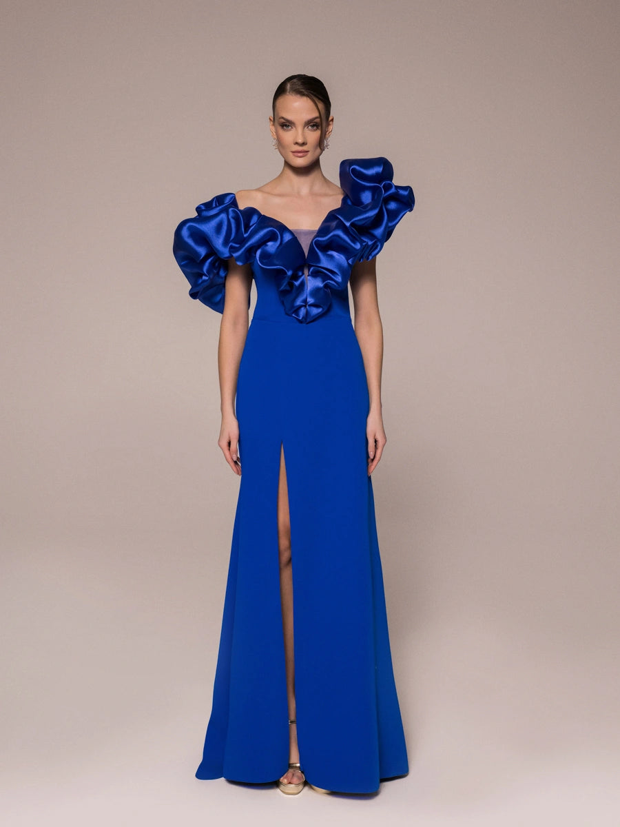 25114-Drapeli Yırtmaçlı Balık Abiye Elbise