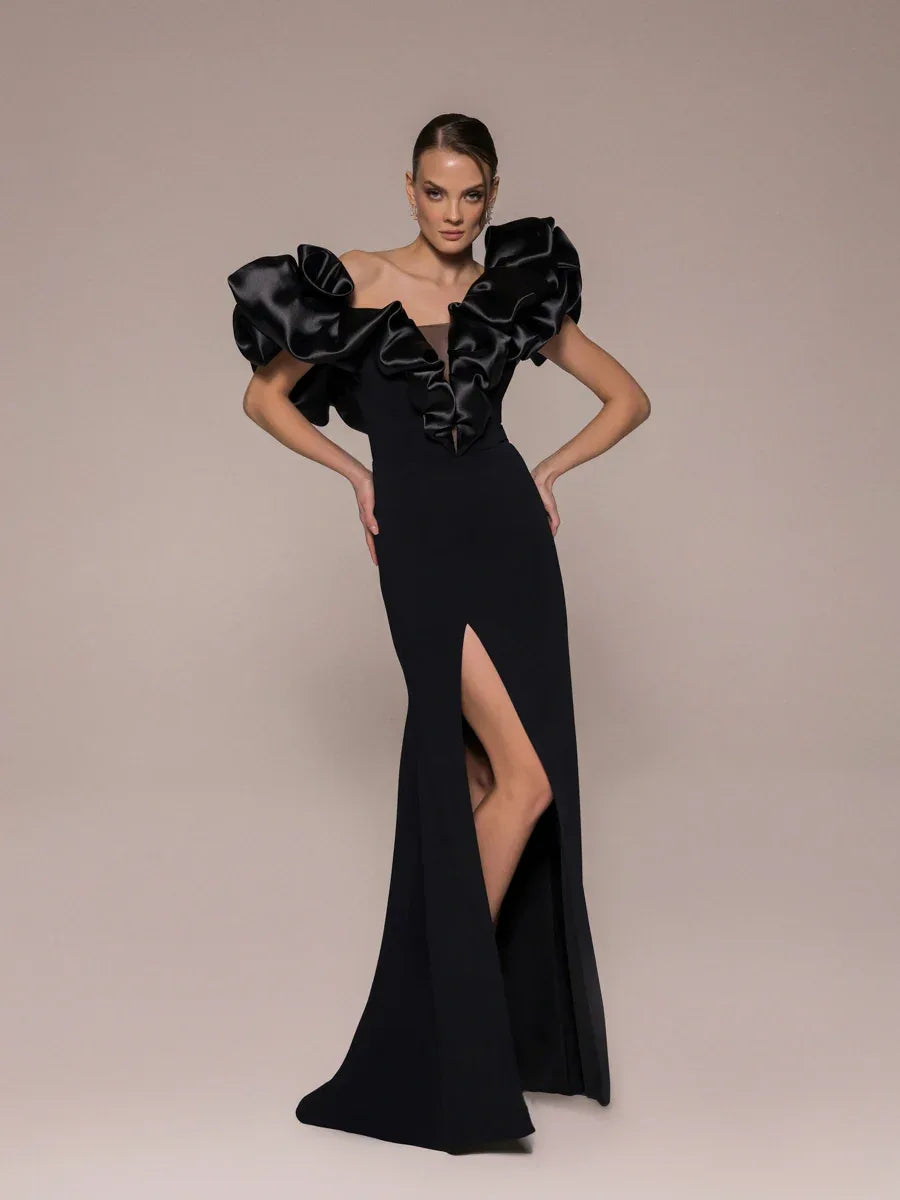 25114-Drapeli Yırtmaçlı Balık Abiye Elbise - Kenzel