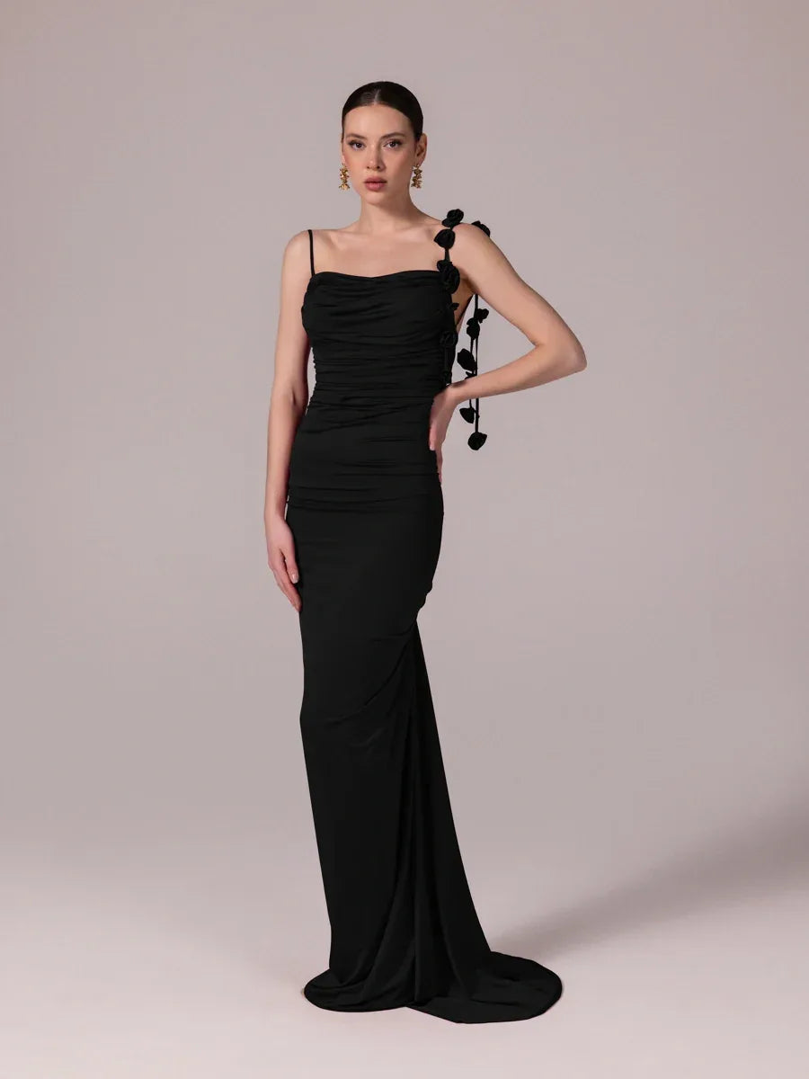 25115-Tek Omuz Çiçek Detaylı Sırt Dekolteli Abiye Elbise - Kenzel