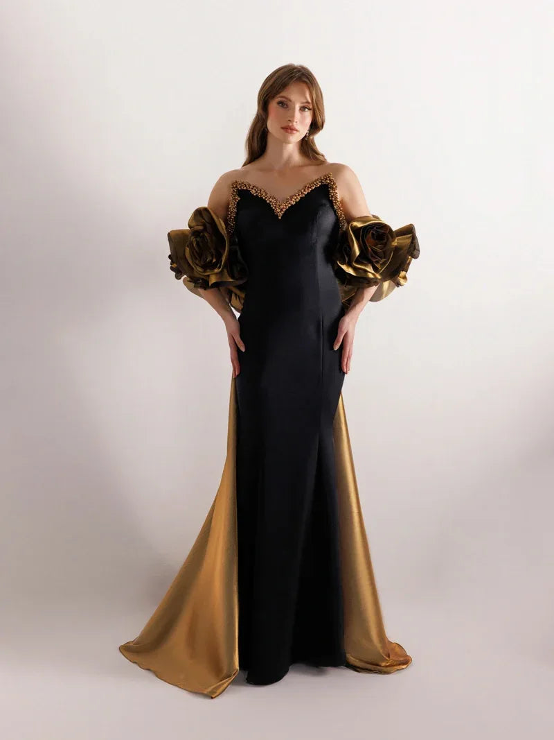 25123-Yakası İşlemeli Straplez Balık Elbise - Kenzel