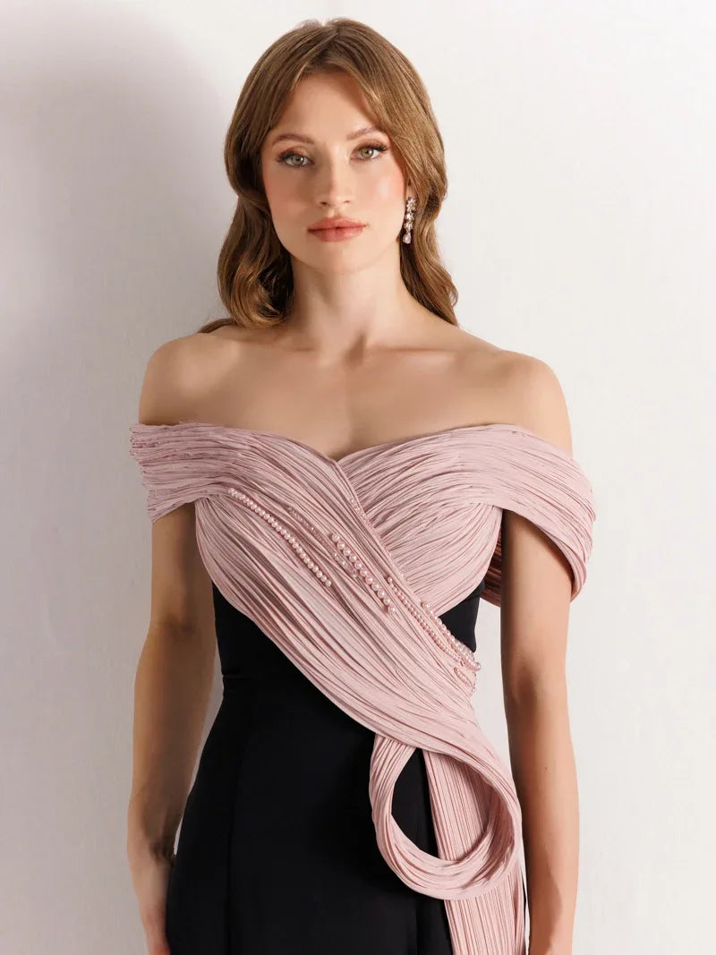 25125-Straplez İnci Detaylı Balık Abiye Elbise - Kenzel