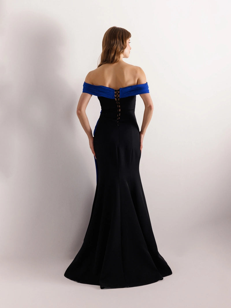 25125-Straplez İnci Detaylı Balık Abiye Elbise