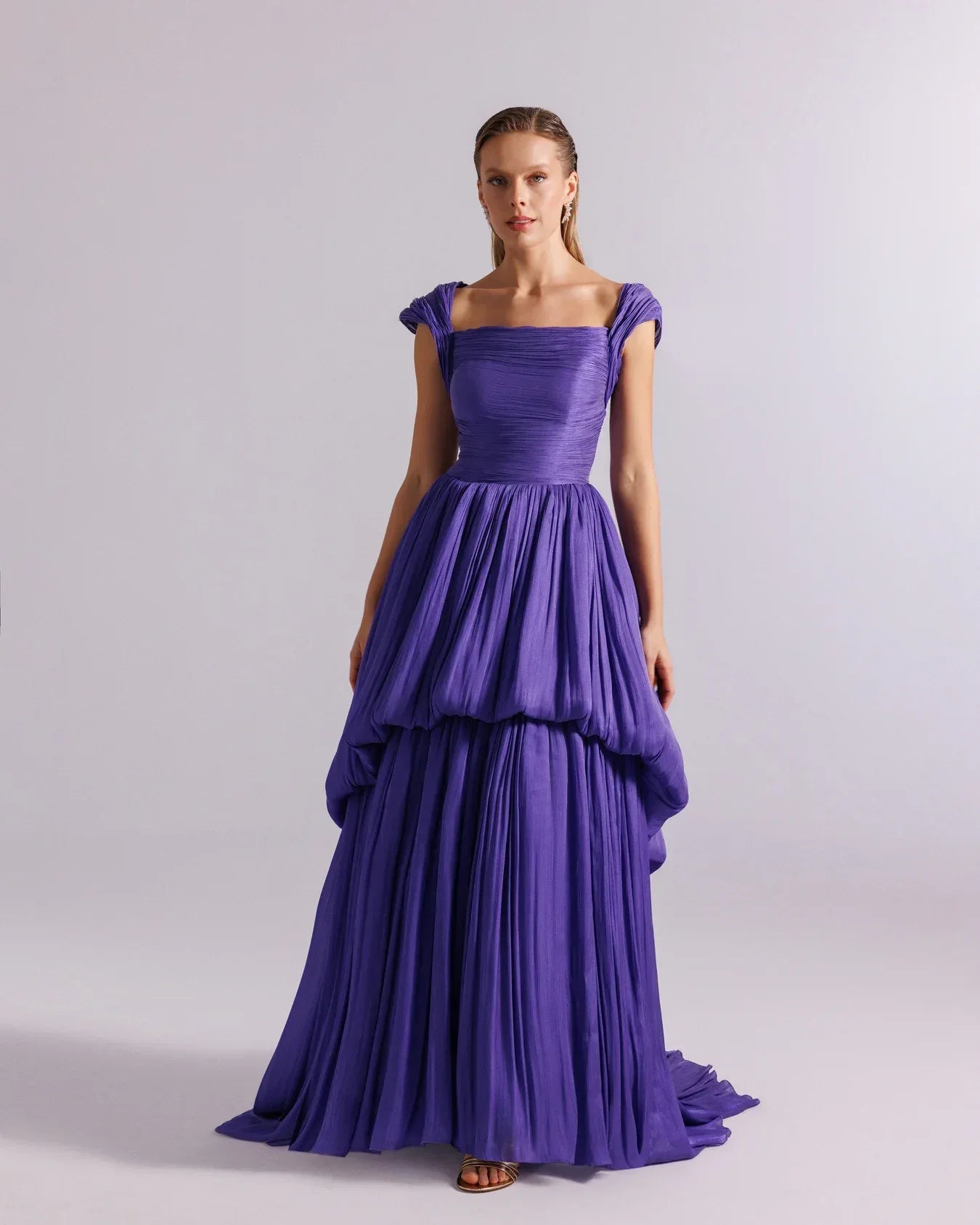 25128-Omuz Detaylı Drapeli Parlak Şifon Balon Elbise - Kenzel