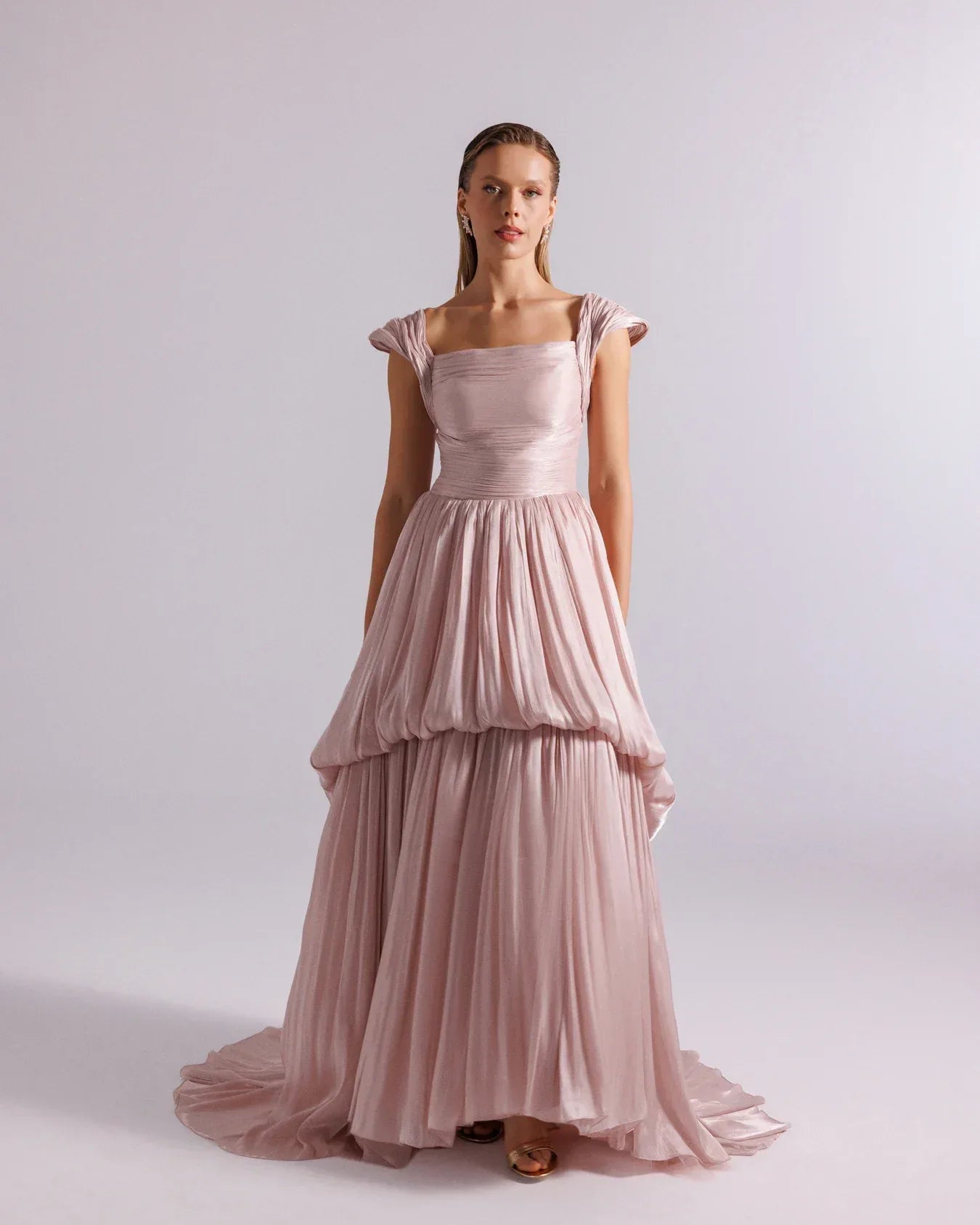 25128-Omuz Detaylı Drapeli Parlak Şifon Balon Elbise - Kenzel