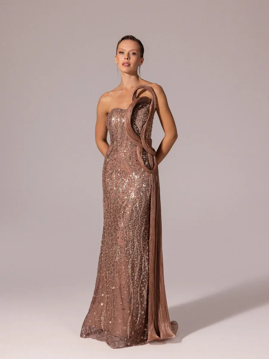 25132-Pilise Garnili Boncuk İşlemeli Balık Elbise - Kenzel