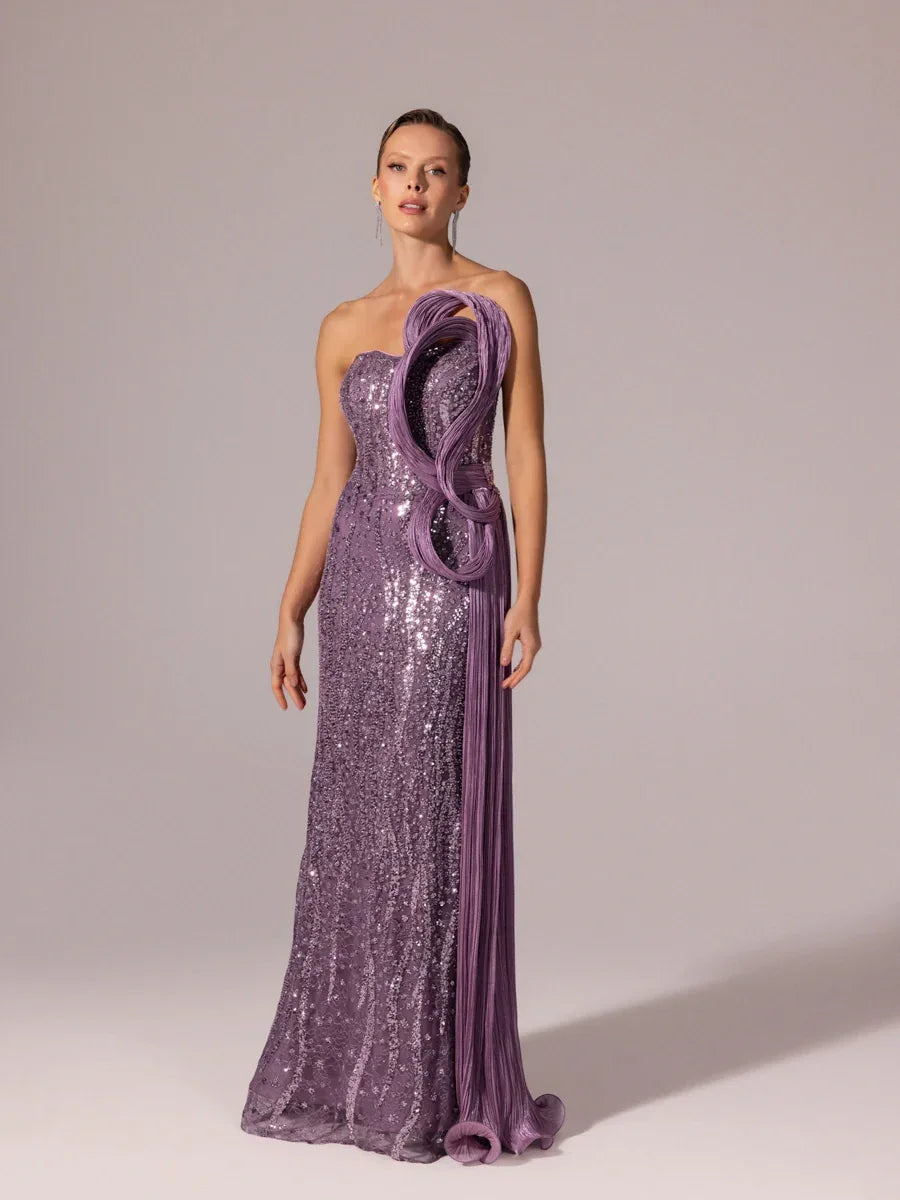 25132-Pilise Garnili Boncuk İşlemeli Balık Elbise - Kenzel