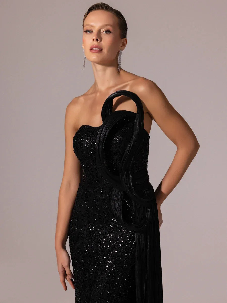 25132-Pilise Garnili Boncuk İşlemeli Balık Elbise - Kenzel