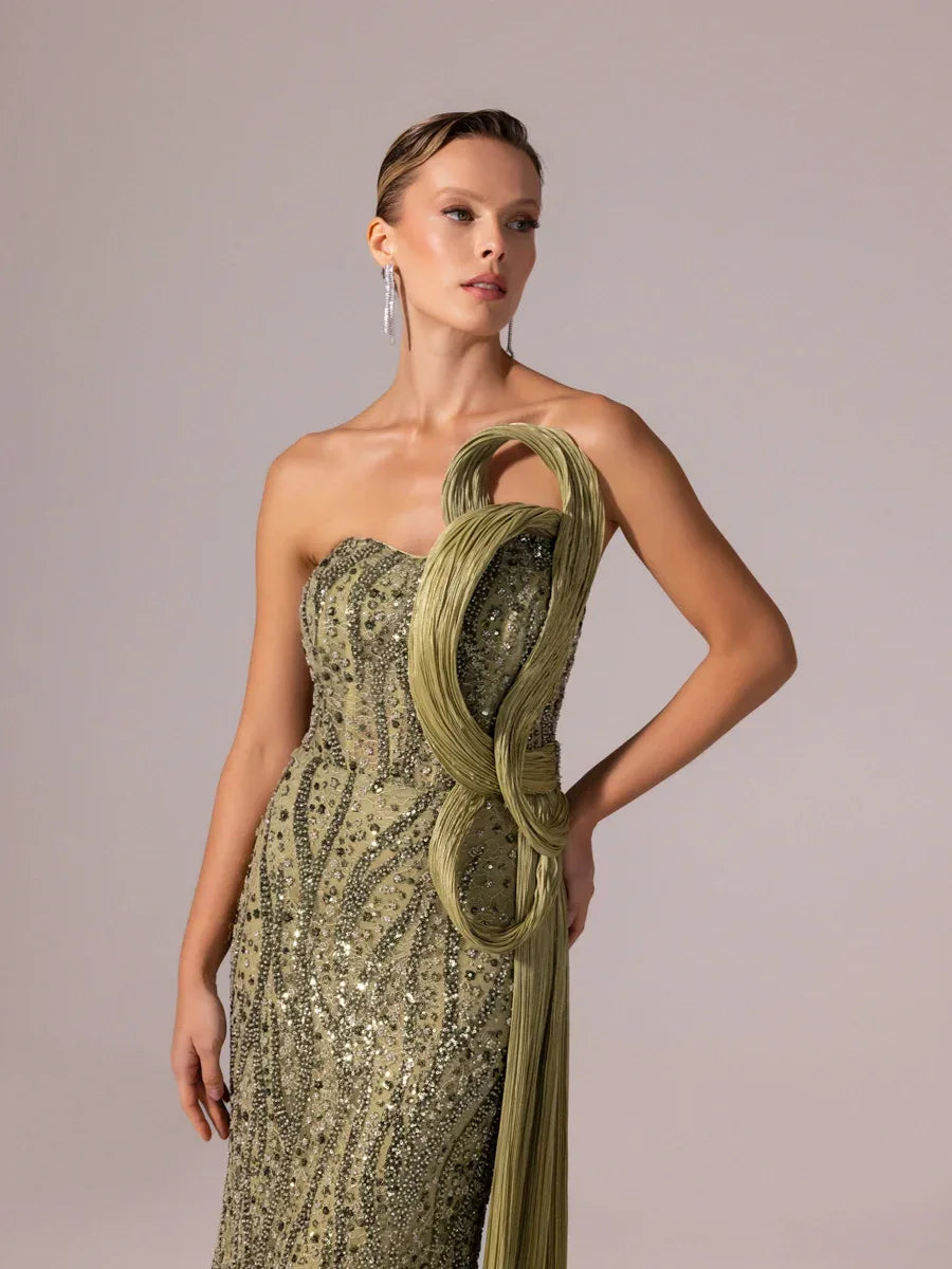 25132-Pilise Garnili Boncuk İşlemeli Balık Elbise - Kenzel